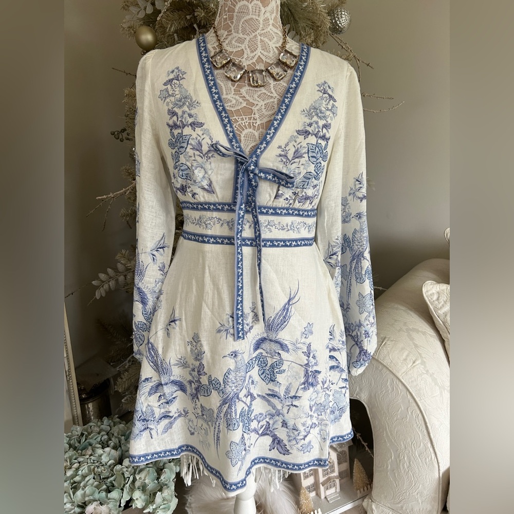 Caroline Constas Ivory and Blue Floral Mini Dress